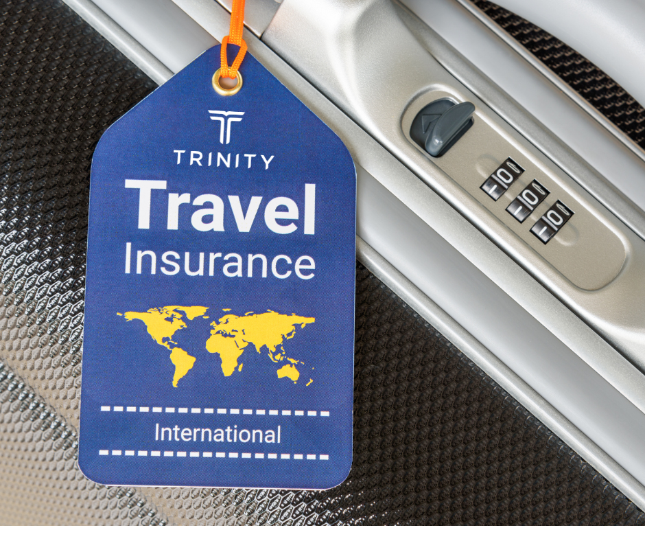 Trinity Military Travel Insurance Tag is attached to a locked suitcase.